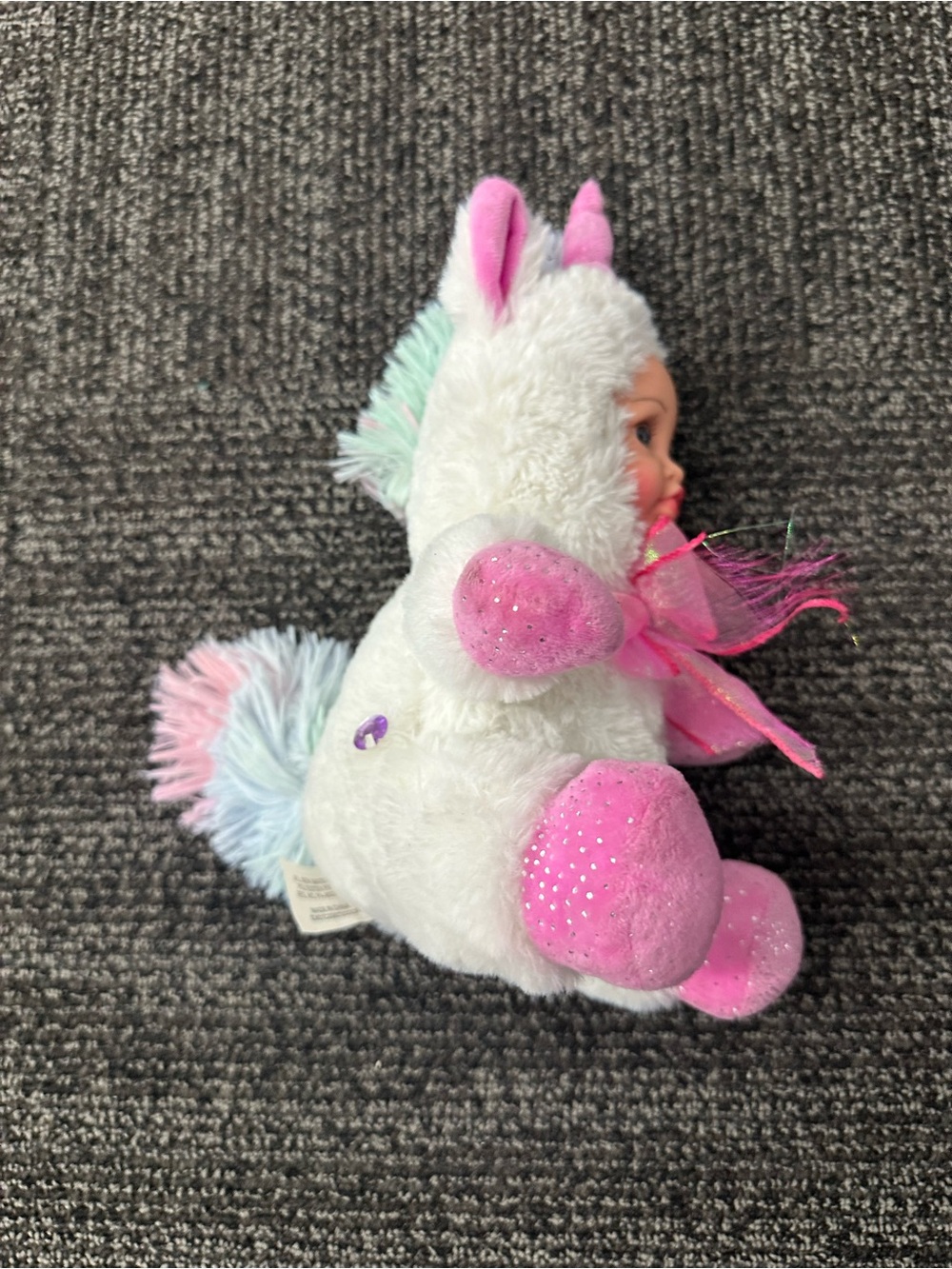Megatoys Unicorn Baby Doll 10in Plush Soft Body Blue Eyes White Pink Hood - Picture 4 of 7